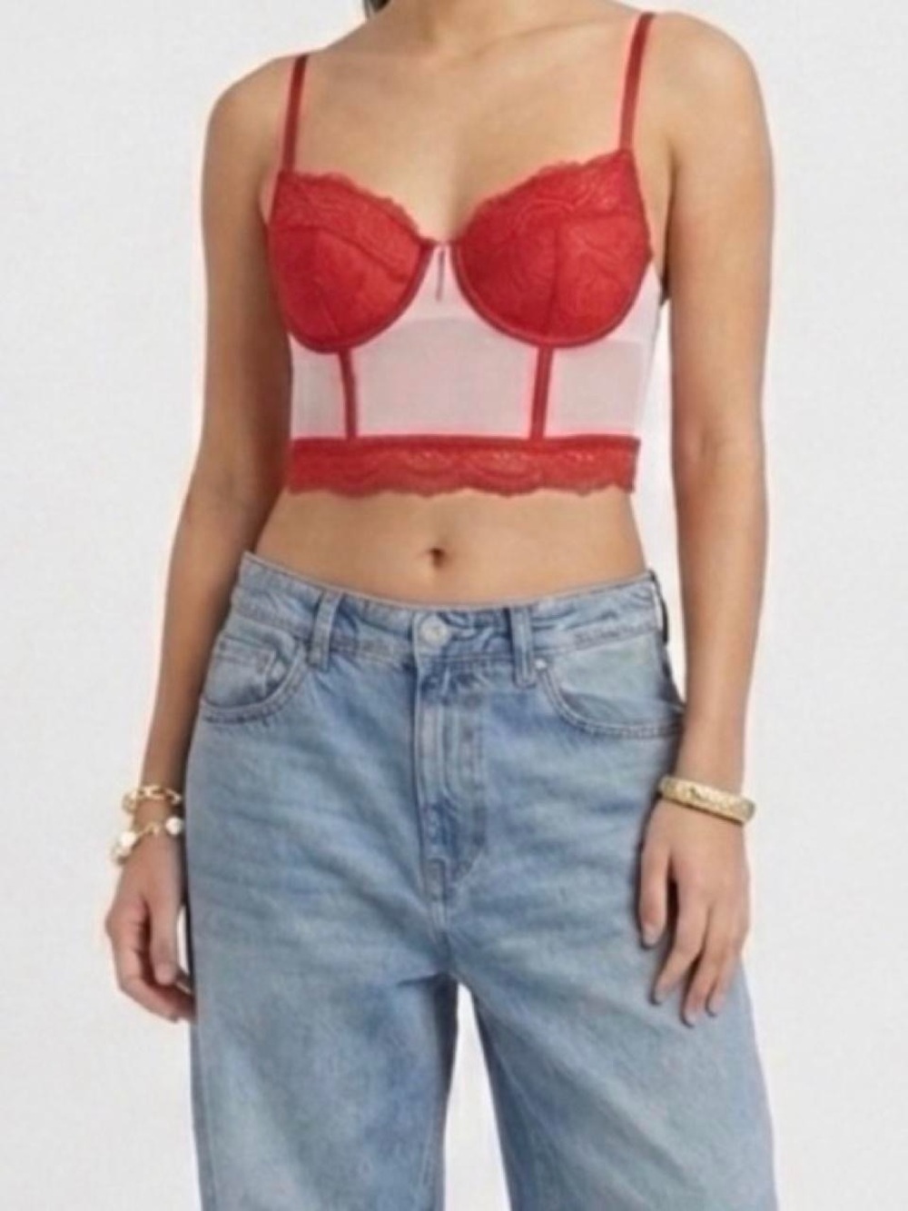 Auden Red-Pink Lace Mesh Bow Longline Bustier Crop Coquette Romantic Top XL